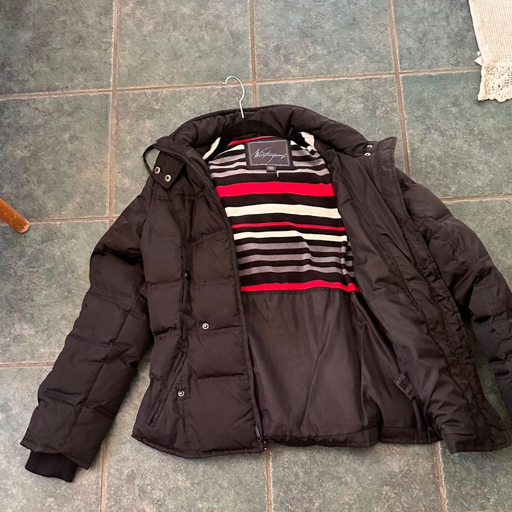 Weatherproof Black Puffer Jacket with Striped Lining